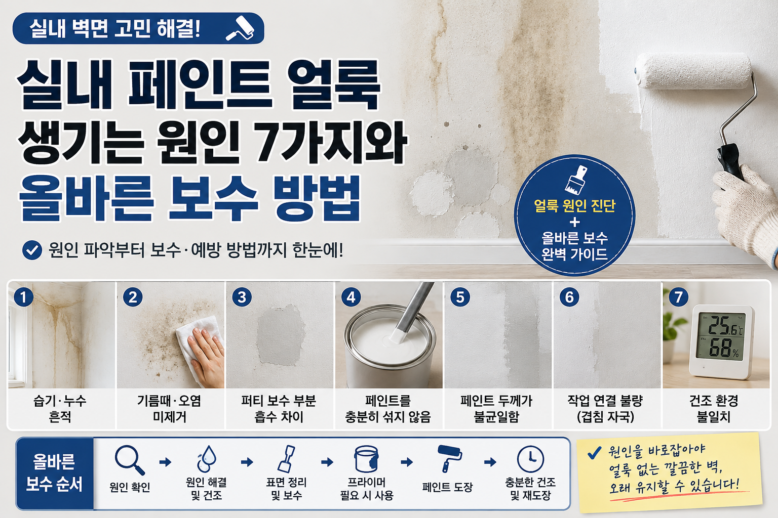 실내 페인트 얼룩 생기는 원인 7가지와 올바른 보수 방법